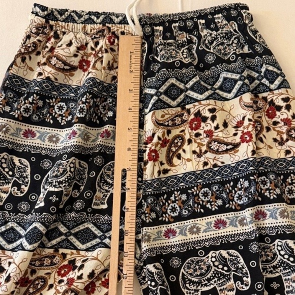 Boho Elephant Paisley Print Harem Pants Black Cream Elastic Waist Joggers Womens - Picture 6 of 8